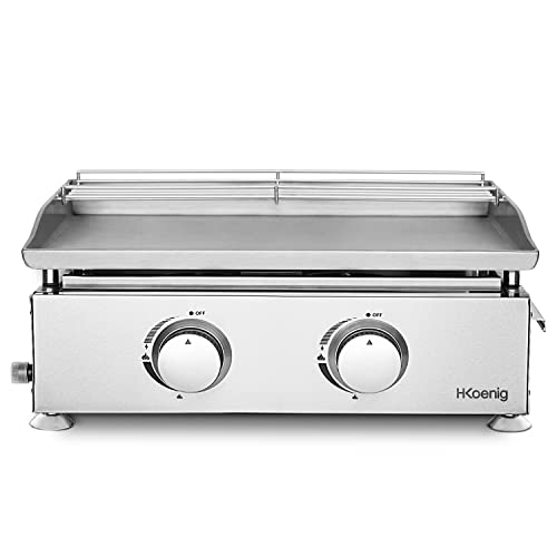 H.Koenig Plancha de asar a gas PLX920 2 quemadores U Acero inoxidable, Alimentación de gas propano o butano, Distribución uniforme del calor, Temperatura regulable hasta 350°C, Pies antideslizantes