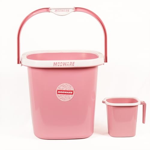 Image of MODWARE Premium Orchid Bucket and 1L Mug Set, 20 litres, Polypropylene, Square, Lightweight, Durable, 2 Pieces (Pink)
