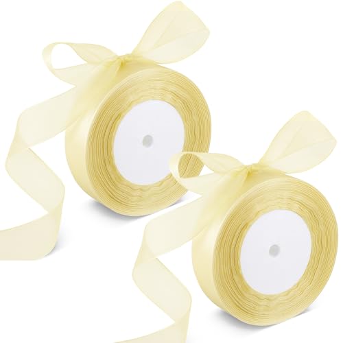 2 Rolls Light Yellow Organza Sheer Ribbon 50 Yards 1 Inch Shimmer Sheer Organza Ribbon Tulle Chiffon Fabric Ribbons for Gift Wrapping Wedding Bouquet Crafts Bowknot Gift Hair Decoration