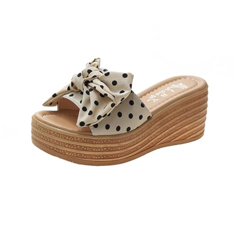 Fashion Summer Women Sandals Wedge Heel Platform Ribbon Bow Polka Dot Casual Close Toe Heels Stylish Sandals