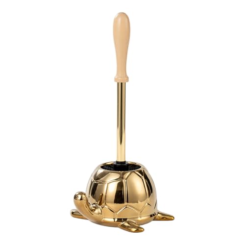 Turtle Base Toilet Brush Set - Gold Ceramic Toilet Scrubber Brush 7.5 Bowl Cleaner with Ergonomic Handle Mini Cute Bathroom Cleaning Brush - Bathroom Decor