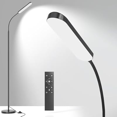 Floor Lamp - Bright 15W LED Floor Lamp with Remote & Touch Control - Stepless Dimming & Color Temperature Adjustable, Eye-Caring Standing Lamp with 1H Timer, Gooseneck Design for Living Room, Bedroom