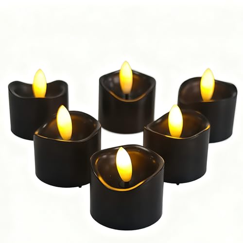 Image of CANDLE CHOICE Battery Operated Flameless Tea Lights Realistic Black Wick Bright Flickering LED Tealight Votive Candles Wedding Party Table Halloween Christmas Decorations Batteries Incl. 6 Pack Black