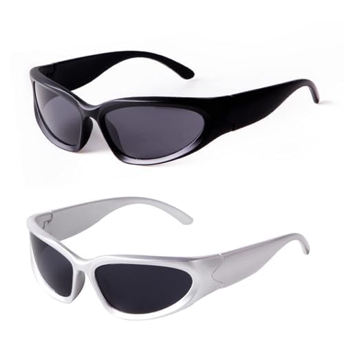 Spunklad Wrap Around Sunglasses Men's Women's Futuristic Outdoor Sports Sunshade Glasses (sliver+black)