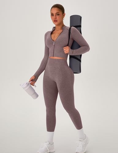 OLCHEE Womens Workout Sets 2 Piece Seamless Yoga Outfits Long Sleeve Zipper Jacket High Waist Leggings Butt Lifting Gym Set - Image 3