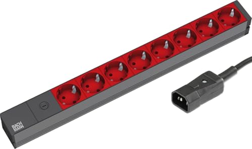 Bachmann Steckdosenleiste 19'' Zoll PDU 8-Fach mit Feinsicherung 10A 1HE 2m Kabel mit C14 Kaltgerätestecker Mehrfachsteckdose für Serverschrank Rack 333.538 Rot Grau (inkl. 2X Befestigungswinkel)