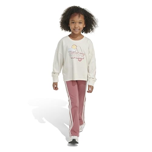 adidas Girls' 2-Piece Long Sleeve Graphic Tee & Flare Pant Set, Oatmeal Heather Pink, 43
