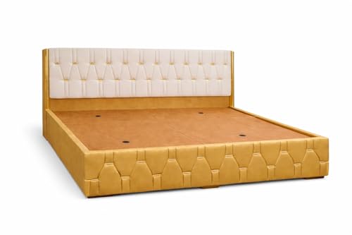 Image of Royal Aura Upholstered King Size Bed with Box Storage for Bedroom | Elegant Wooden Double Bed with Storage | Platform Cot Palang with Tufted Headboard | 6.5 x 6 Ft | Sheesham Wood | White