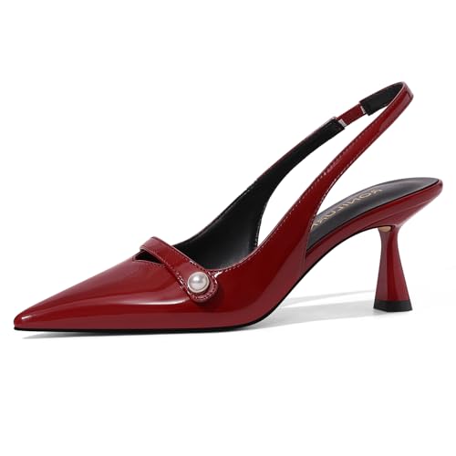 Image of Women Kitten Heels Slingback Low Heel Pumps Dress Shoes for Women Closed Pointed Toe Pearl Heels for Work Wedding Bridal