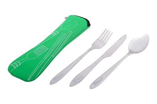 Sublimed 3 Piece Stainless Steel Camping Silverware Set, Knife, Fork And Spoon With Neoprene Case (Green) #TOP2