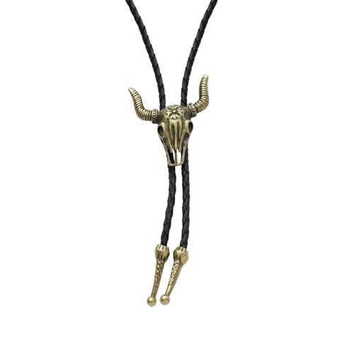 Komonee Bolo Tie Bull Skull Gold Necklace Pendant Bootlace Shoestring Necktie Cowboy Western Vintage Metal Cow
