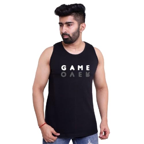 Men's Gameover Print Tank Top, Sleeveless Gym T-Shirt, Black, Cotton-picture-17