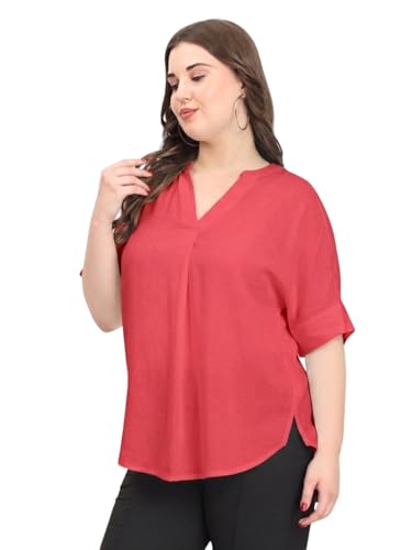 Image of SINDOORI Relaxed Fit Tops for Women Plus Size Solid Printed Mandarin Collar, Band Collar, V-Neck Top, Half Sleeve Loose Fit