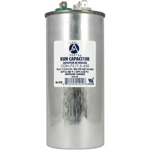 Appli Parts Dual Run Capacitor for ac 75+7.5 Mfd uF (microfarads) 370VAC or 450VAC CBB65 Round Universal fit for HVAC and Other Applications 5-3/4 in High 2-3/8 in Wide CON-75/7.5-450