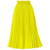 GOOBGS Women's Pleated A-Line High Waist Swing Flare Midi Skirt Yellow Large/X-Large