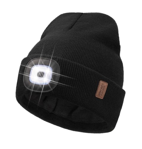 Wmcaps Upgraded LED Lighted Beanie with Thick Warm Lining, Soft and Cozy Winter Hat with a Light Built in, Rechargeable Type-C Head Torch Hat, Gifts for Men and Women Black