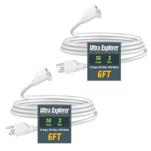 6 ft Medium Duty White Extension Cable, 16/3C SJTW, 2 Pack, ETL Listed | 13A 125V 1625W, Weather Resistant, Indoor & Outdoor, Home Appliance, Office, Lights and Lawn