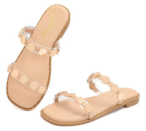 Image of geluboao Sandals for Women 2025 Open Toe Two Band Slip On Slides Fashion Metal Circular Flat Sandals for Summer Size 6-11