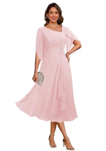 Chiffon Tea Length Mother of The Bride Dresses for Wedding Ruffle Sleeve Mother of The Groom Dress