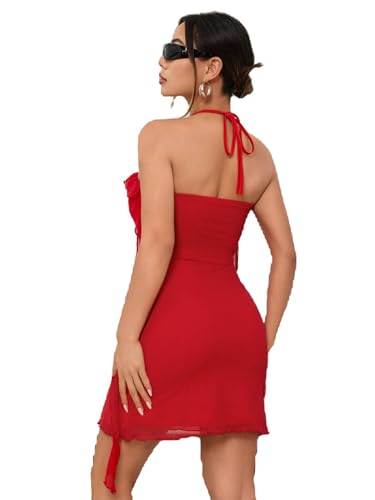 Image of SOLY HUX Women's Summer Dresses Halter Bodycon Irregular Ruffle Trim 3D Flower Cami Mini Party Club Dress Plain Red Small
