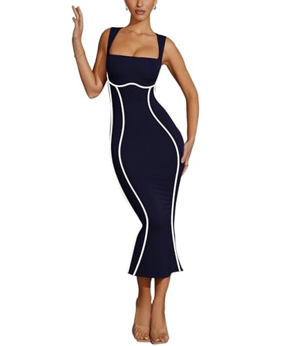 Image of MAYFASEY Women's Summer Sleeveless Square Neck Contrast Binding Cocktail Party Bodycon Midi Dress Back Slit Maxi Dress