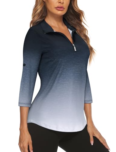 Koscacy Women's 3/4 Roll Sleeve Golf Tennis Polo Shirts UPF50+ Half Zip Dry Fit Workout Tops Athletic Shirt