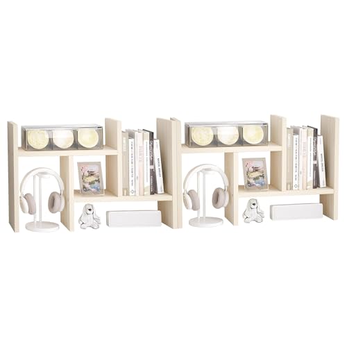 Image of Jerry & Maggie Desktop Organizer Office Storage Rack Adjustable Wood Display Shelf Free Style Double H, Multi-Functional Mini Bookshelf for Desk Natural Stand (White Wood Tone /2 Pack)