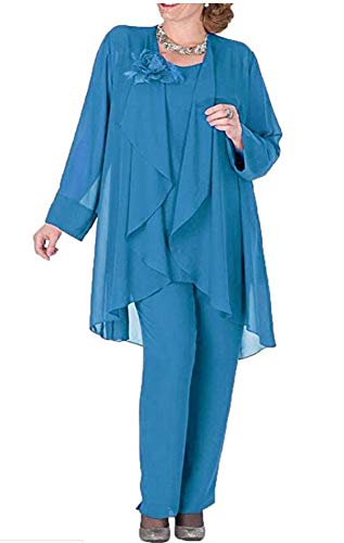 Women's Plus Size Chiffon Pants Suit 3 Pieces Dress Suit for Mother of The Bride Evening Gowns Outfit Blue US18W