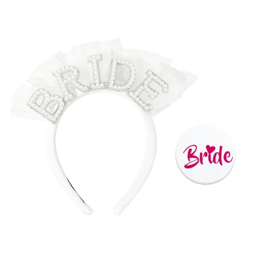 1 diadema de pérolas para namorada, 1 insígnia de noiva, diadema de malha para despedida de solteiro, diadema de noiva, namorada, acessório para o cabelo