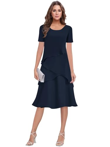 Chiffon Tea Length Mother of The Bride Dresses for Women Scoop Neck Ruffles Midi Evening Formal Dress with Sleeves