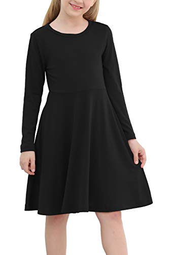 GORLYA Girls Short Sleeve Floral Print Casual Fit and Flare Party Dress with Pockets 4-12 Years, Black Color - Long Sleeve, 6 Years