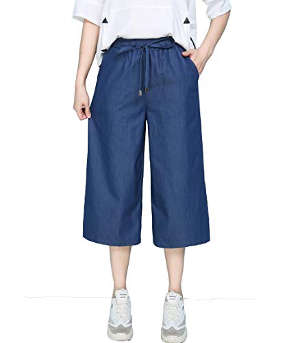 Sunfan Women's Elastic Waist Wide Leg Casual Palazzo Capri Jeans Culottes Pants with Drawstring