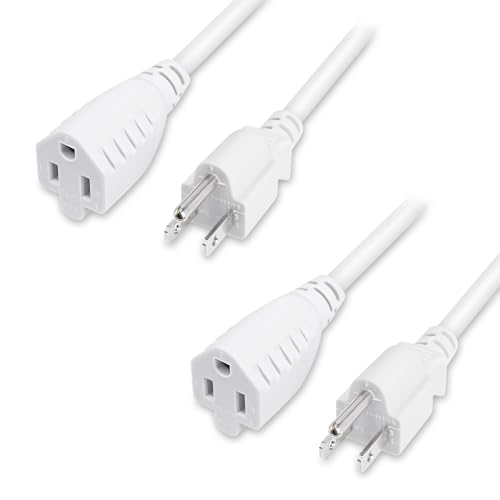POWERCORDS 2-Pack Heavy-Duty Extension Cord, 3-Prong Outlet Saver, NEMA 5-15P to NEMA 5-15R, Short Power Extension Cord 1625W 13A 16 AWG, UL Listed, White, 10 ft