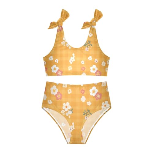 Orange Gingham Girls' Two Piece Kids Bikini Set Scoop Neck Bathing Suit Swimwear Cute Shoulder Strap3