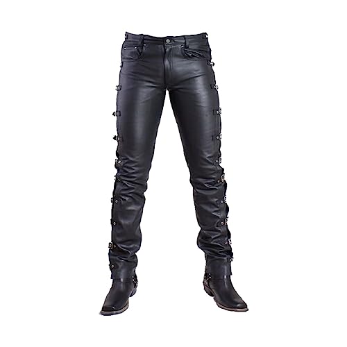 Men's Red Leather Pants Side Laced Up Bikers Jeans Pants | Mens Leather Pants
