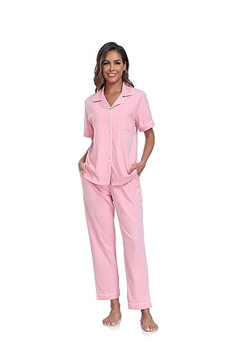 Image of COLORFULLEAF Women's 100% Cotton Pajamas Set Button Down Sleepwear Short Sleeve Shirt and Long Pants Soft Ladies Lounge Sets