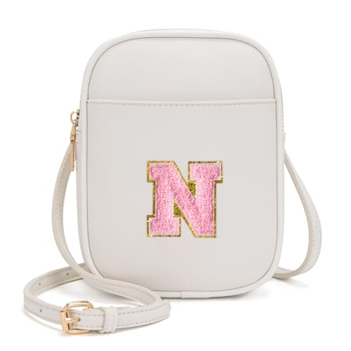 Toddler Purse Initial Crossbody Bags for Girls 3 Pockets PU Leather Cross Body Bag Crossbody Purse Handbag Personalized Gifts for Teen Girls Preppy Cute Stuff (Beige N)