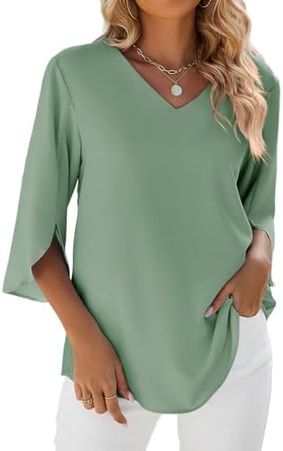 isermeo Womens 2024 Casual V-Neck Loose Tunic Top 3/4 Sleeve Chiffon Blouse Shirt Summer Tops S-XXL