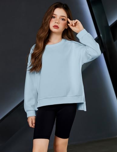 Image of Arshiner Girls Crewneck Sweatshirt Long Sleeve Pullover Tops Drop Shoulder Sweatshirts Side Split
