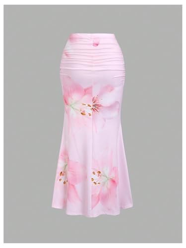 Milumia Women's Floral Print Ruched Long Skirt Fishtail Bodycon Maxi Skirts3