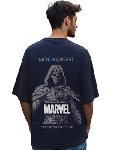 Image of Bewakoof Official Marvel Merchandise Moon Knight Men's Graphic Printed Oversized Fit Half Sleeve Round Neck Cotton Jersey T-Shirt