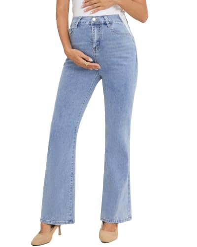 Image of PACBREEZE Women's Maternity Flare Jeans Mid-Rise Stretchy Bell Bootcut Jeans Denim Pregnancy Pants, S-XXL