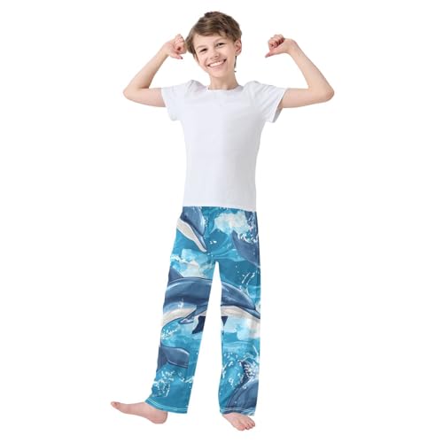 Dolphin Sea Wave Boys Long Pants Soft Trousers Elastic Waist Kids Lounge Bottoms with Pockets S-XL3
