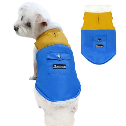 犬用 防寒ジャケット 冬服 防風防雪 暖かい ノースリーブ 犬服 ツートンカラー 小型犬 中型犬 大型犬 トイプードル チワワ 柴犬 着脱簡単 ペットウェア (イエロー&ブルー, M)