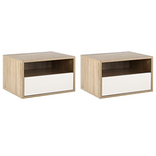 HOMCOM Set 2 Comodini Sospesi in Legno con Cassetto e Ripiano Aperto, Design Moderno 45x35x27.5cm, Bianco e Color Legno