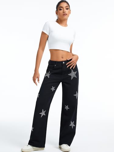 Women's Rhinestone Embellished Straight Leg Jeans Star Sparkling Denim Pants for Parties Night Out Casual Glam4