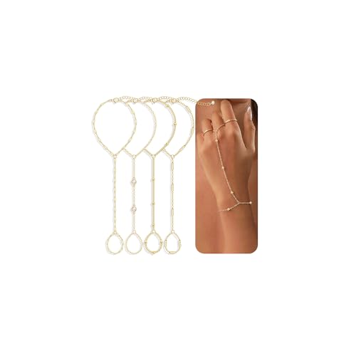 4 Pcs Gold Hand Chain Bracelets for Women Dainty 14K Gold Plated Ring Bracelet Hand Chain Stackable Beaded Cubic Zirconia Bracelet Stack Jewelry Gifts