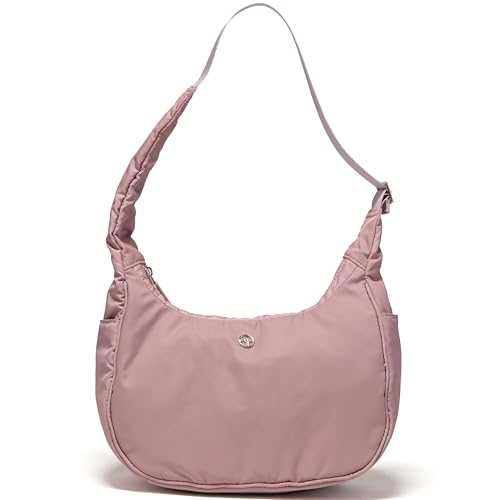 Pander 4L Nylon Shoulder Bag for Women Water-Repellent Crescent Purse with Adjustable Strap Multi-Pocket Everyday Handbag Dusty Pink