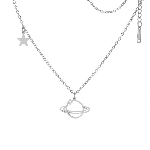 YIQPKUM Collar de Planeta Saturno Lindo Acero Inoxidable Colgante de Estrella Pequeña Joyería Declaración para Mujeres Dije Ligero Regalos de Cumpleaños (Plateado)