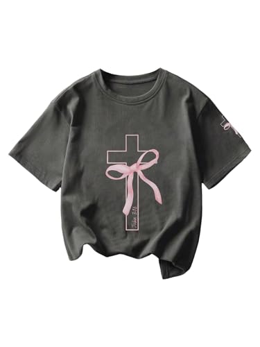 SOLY HUX Girl's Graphic Tees Bow Print Short Sleeve Crewneck T Shirt Drop Shoulder Casual Summer Tops